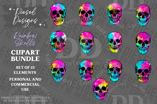 Rainbow Skulls AI assisted Clipart Bundle | 300 DPI | Transparent PNG | Clipart | Bundle