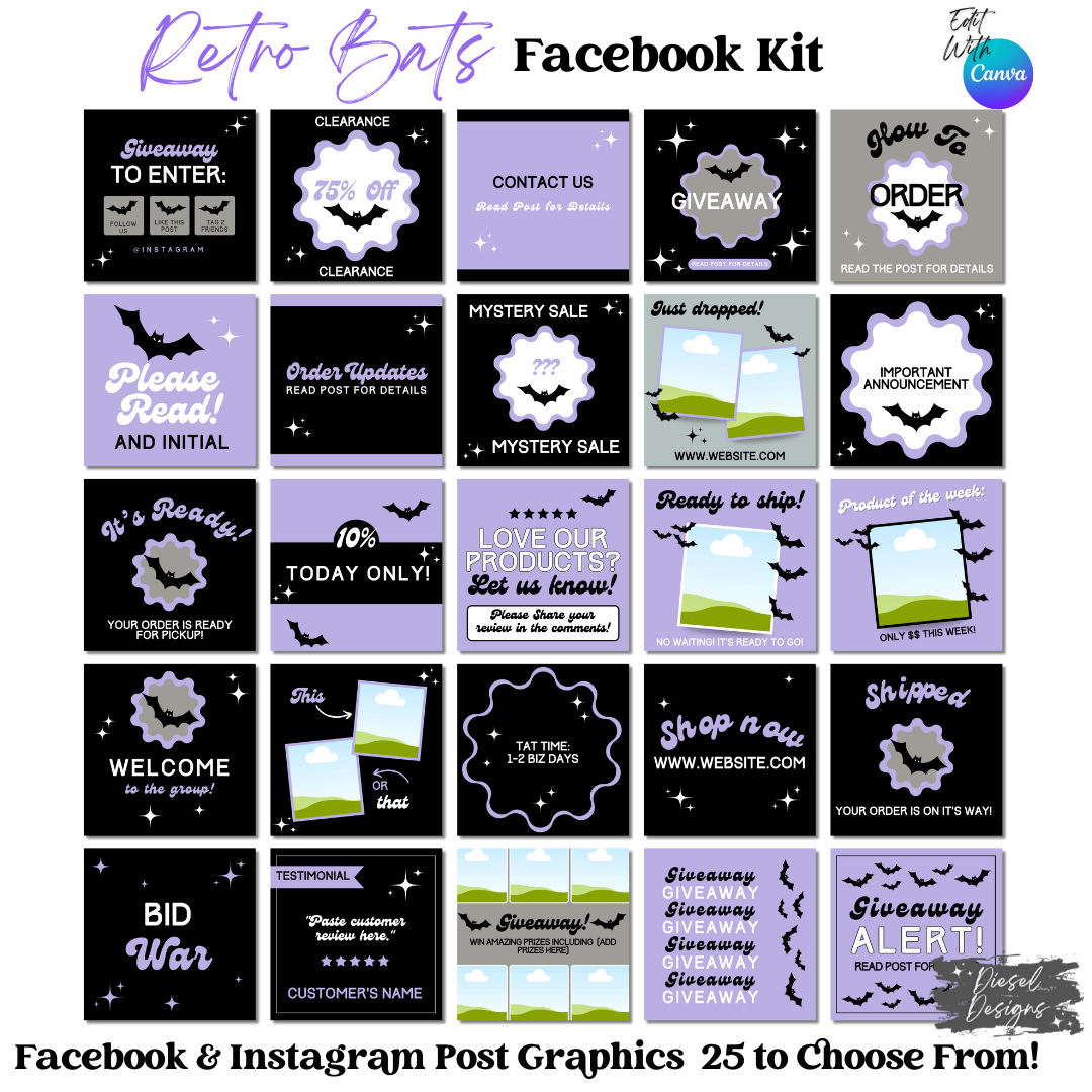 Retro Bats Facebook Group | Facebook Group Kits | Editable graphics included |