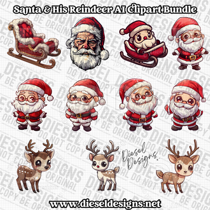 Santa & His Reindeer AI assisted Clipart Bundle | 300 DPI | Transparent PNG | Clipart | Bundle