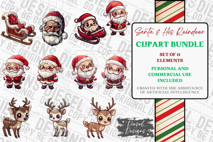 Santa & His Reindeer AI assisted Clipart Bundle | 300 DPI | Transparent PNG | Clipart | Bundle