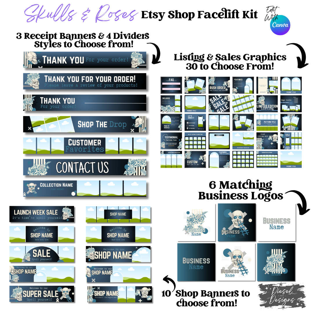 Skulls and Roses Etsy Facelift Kits | Etsy Facelift Kits | Editable graphics included |