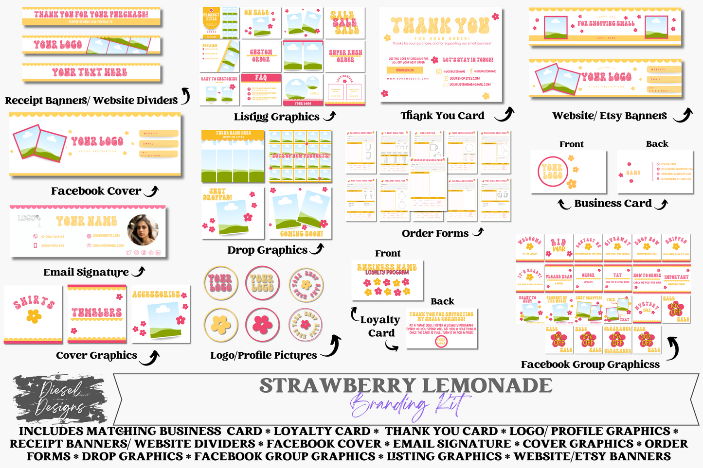 Strawberry Lemonade Branding Kit | Website Kit | Business Card | Logo | Facebook Cover | Editable in Canva