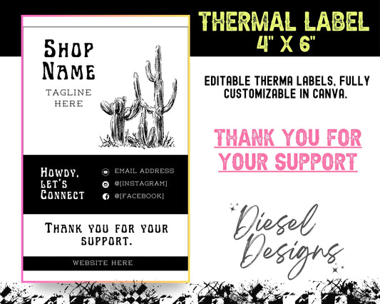 Thank You For your Support Western Design Thermal (4x6) | Thermal Label | Edit in Canva | 4" x 6" | Package Label