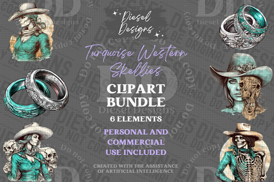 Turquoise Western Skellies AI assisted Clipart Bundle | 300 DPI | Transparent PNG | Clipart | Bundle (Copy)