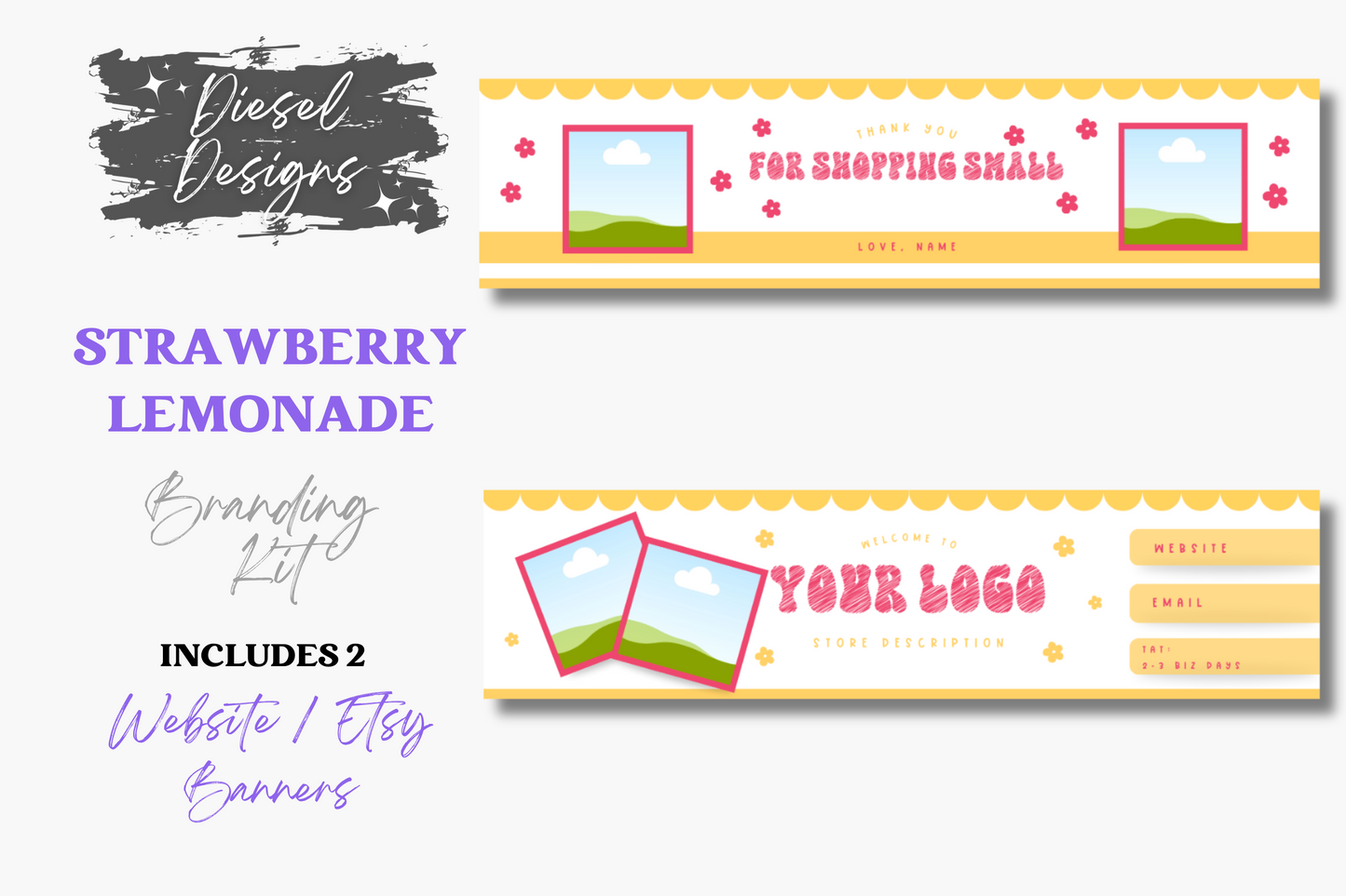 Strawberry Lemonade Branding Kit | Website Kit | Business Card | Logo | Facebook Cover | Editable in Canva