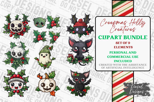 Creepy Holly Creatures AI assisted Clipart Bundle | 300 DPI | Transparent PNG | Clipart | Bundle