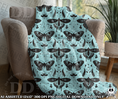 Death Moth Seamless Blue | Seamless File | 300 DPI | 12" x 12" | Digital File only