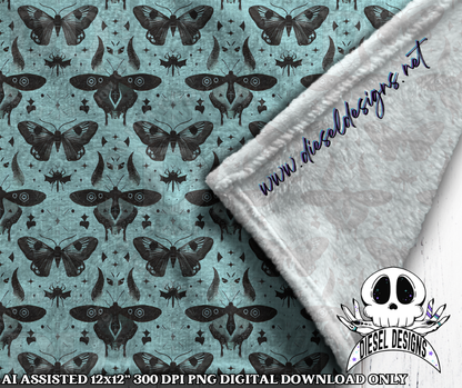 Death Moth Seamless Blue | Seamless File | 300 DPI | 12" x 12" | Digital File only