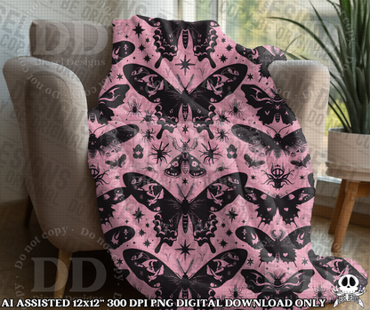 Death Moth Seamless Pink| Seamless File | 300 DPI | 12" x 12" | Digital File only