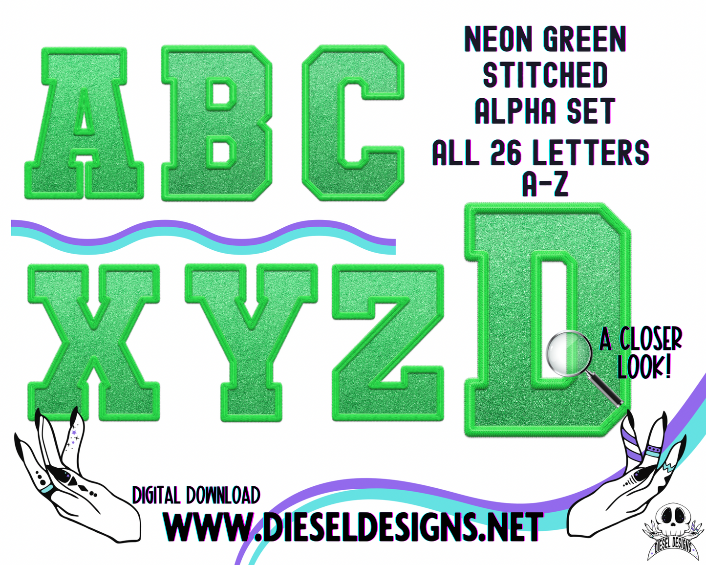 Neon Green Stitched Glitter Alpha Set | 300 DPI | Transparent PNG | Alpha Set | A-Z Included |