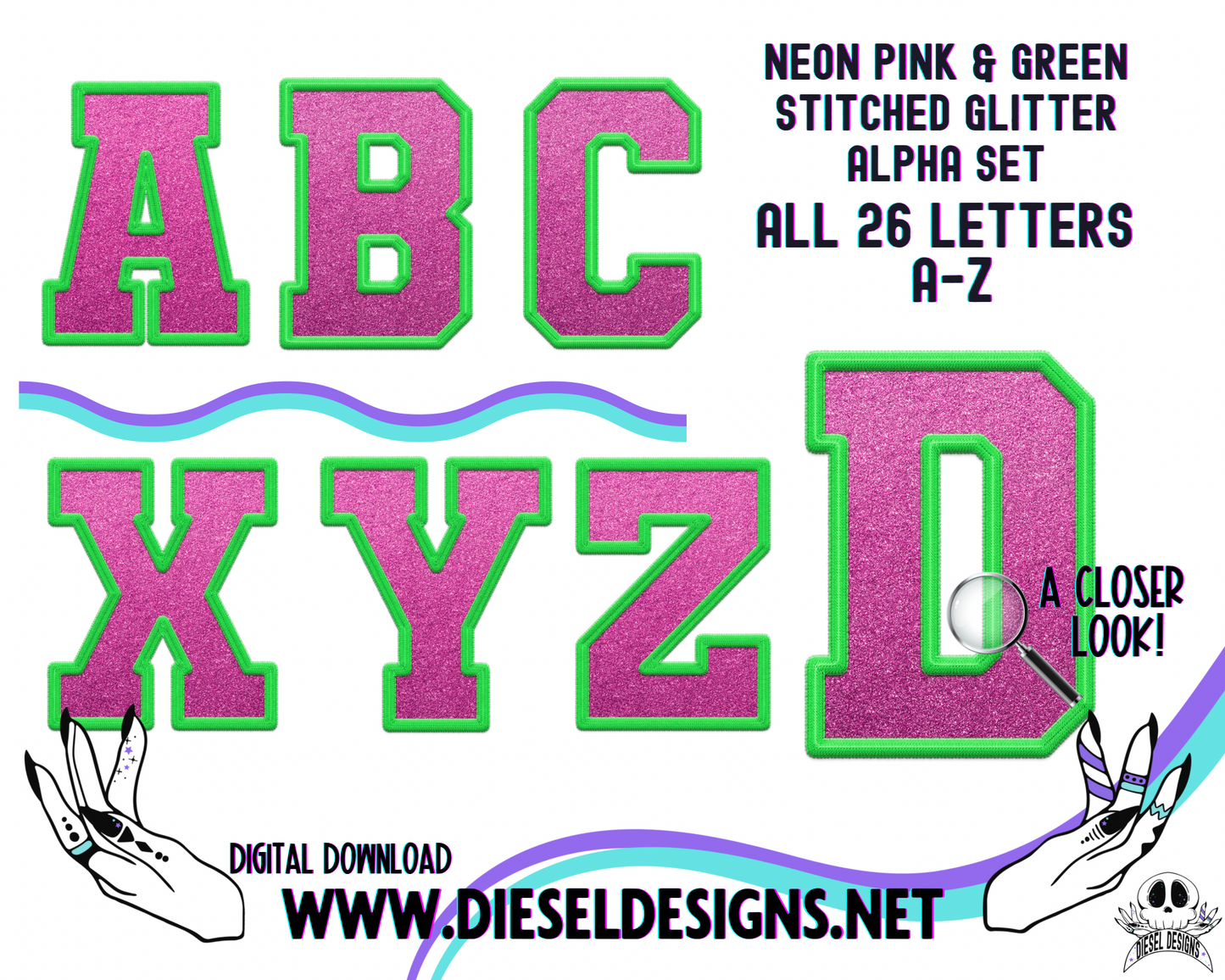 Neon Pink & Green Stitched Glitter Alpha Set | 300 DPI | Transparent PNG | Alpha Set | A-Z Included |