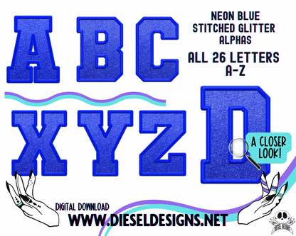 Neon Blue Stitched Glitter Alpha Set | 300 DPI | Transparent PNG | Alpha Set | A-Z Included |