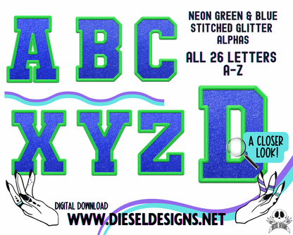 Neon Green & Blue Stitched Glitter Alpha Set | 300 DPI | Transparent PNG | Alpha Set | A-Z Included |