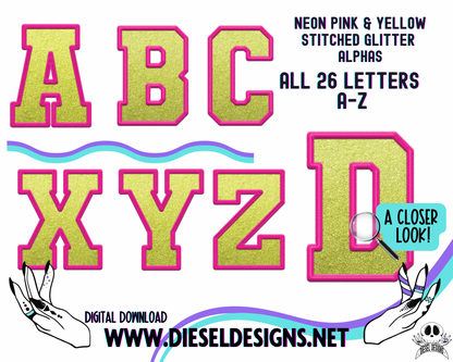 Neon Pink & Yellow Stitched Glitter Alpha Set | 300 DPI | Transparent PNG | Alpha Set | A-Z Included |