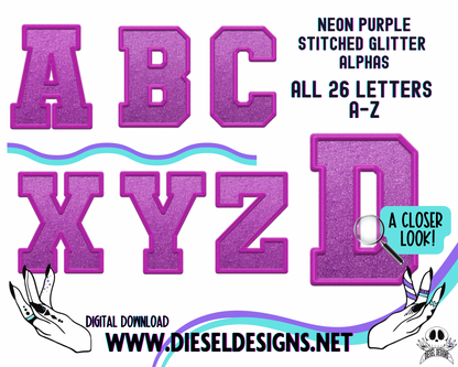 Neon Purple Stitched Glitter Alpha Set | 300 DPI | Transparent PNG | Alpha Set | A-Z Included |