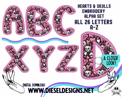 Hearts & Skulls Embroidery Alpha Set | 300 DPI | Transparent PNG | Alpha Set | A-Z Included |