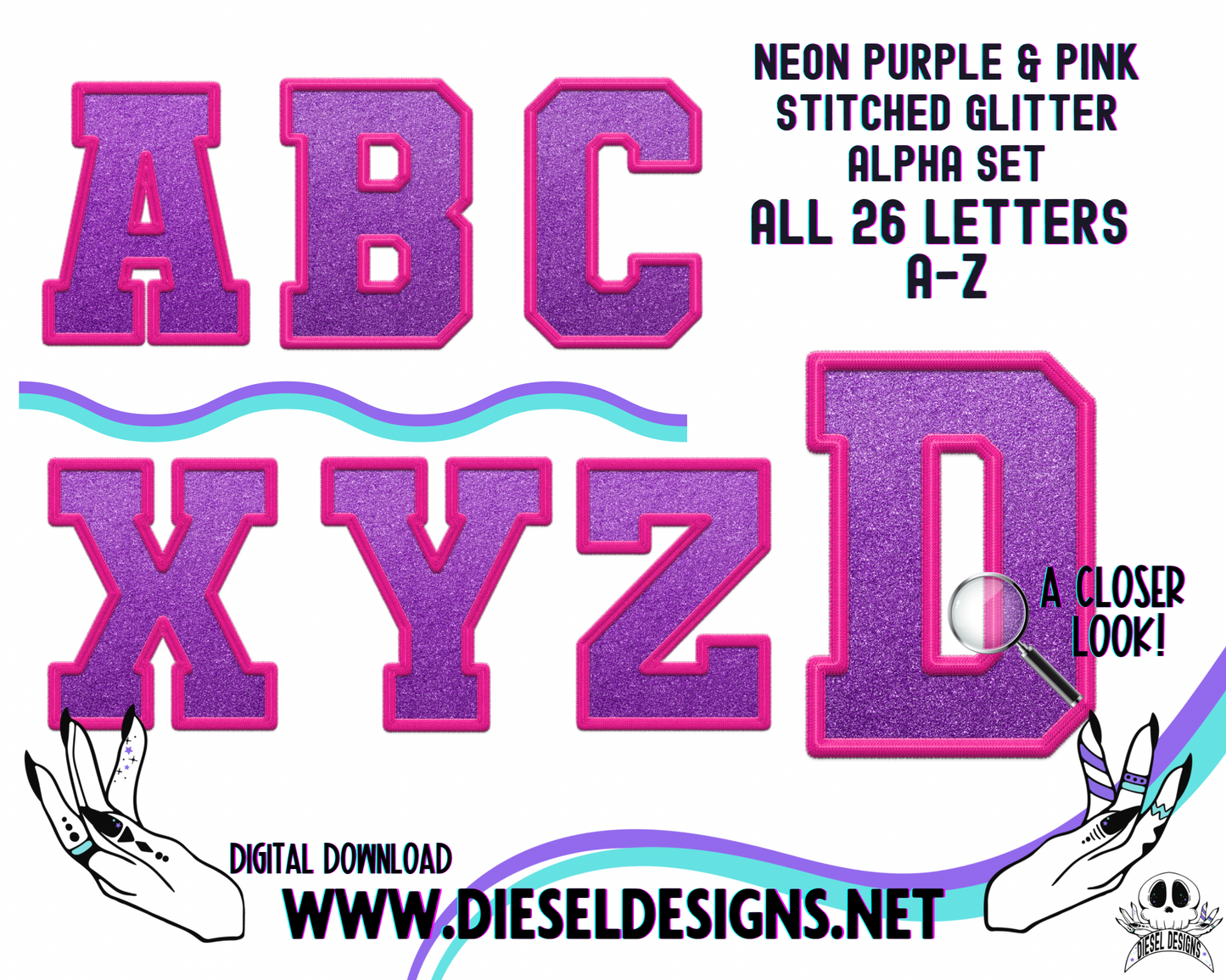 Neon Pink & Purple Stitched Glitter Alpha Set | 300 DPI | Transparent PNG | Alpha Set | A-Z Included |