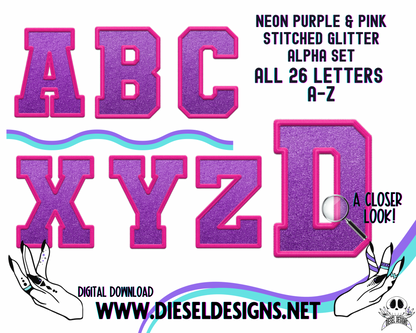 Neon Pink & Purple Stitched Glitter Alpha Set | 300 DPI | Transparent PNG | Alpha Set | A-Z Included |