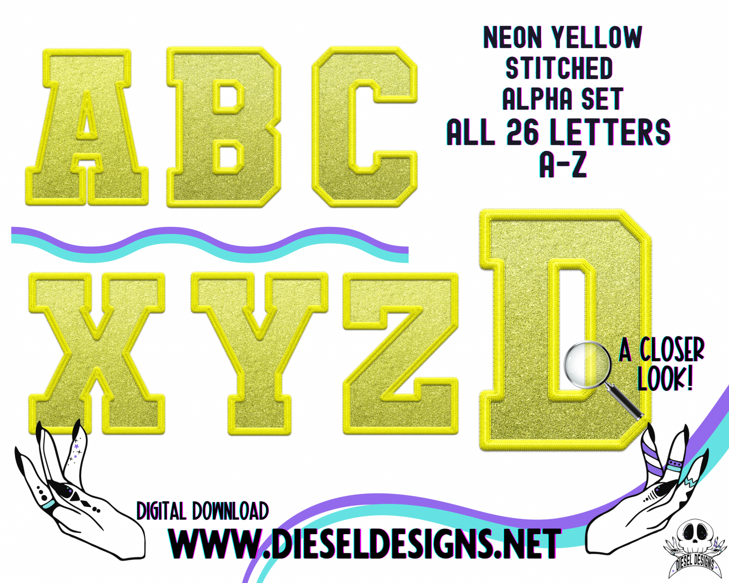 Neon Yellow Stitched Glitter Alpha Set | 300 DPI | Transparent PNG | Alpha Set | A-Z Included |