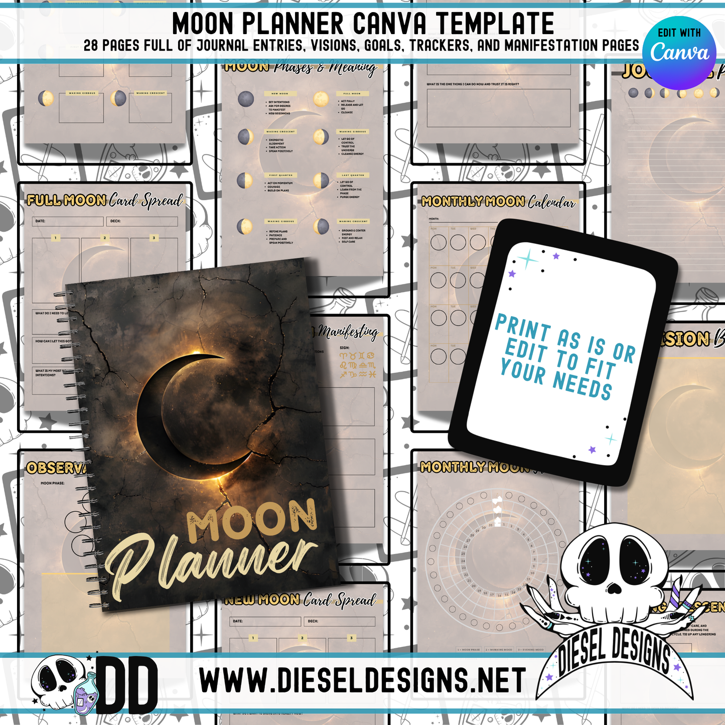 Moon Planner | Canva Template | 28 Pages | Printable | Editable