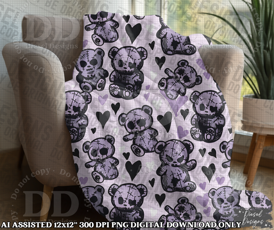 Purple Goth Bear Seamless | Seamless File | 300 DPI | 12" x 12" | Digital File only