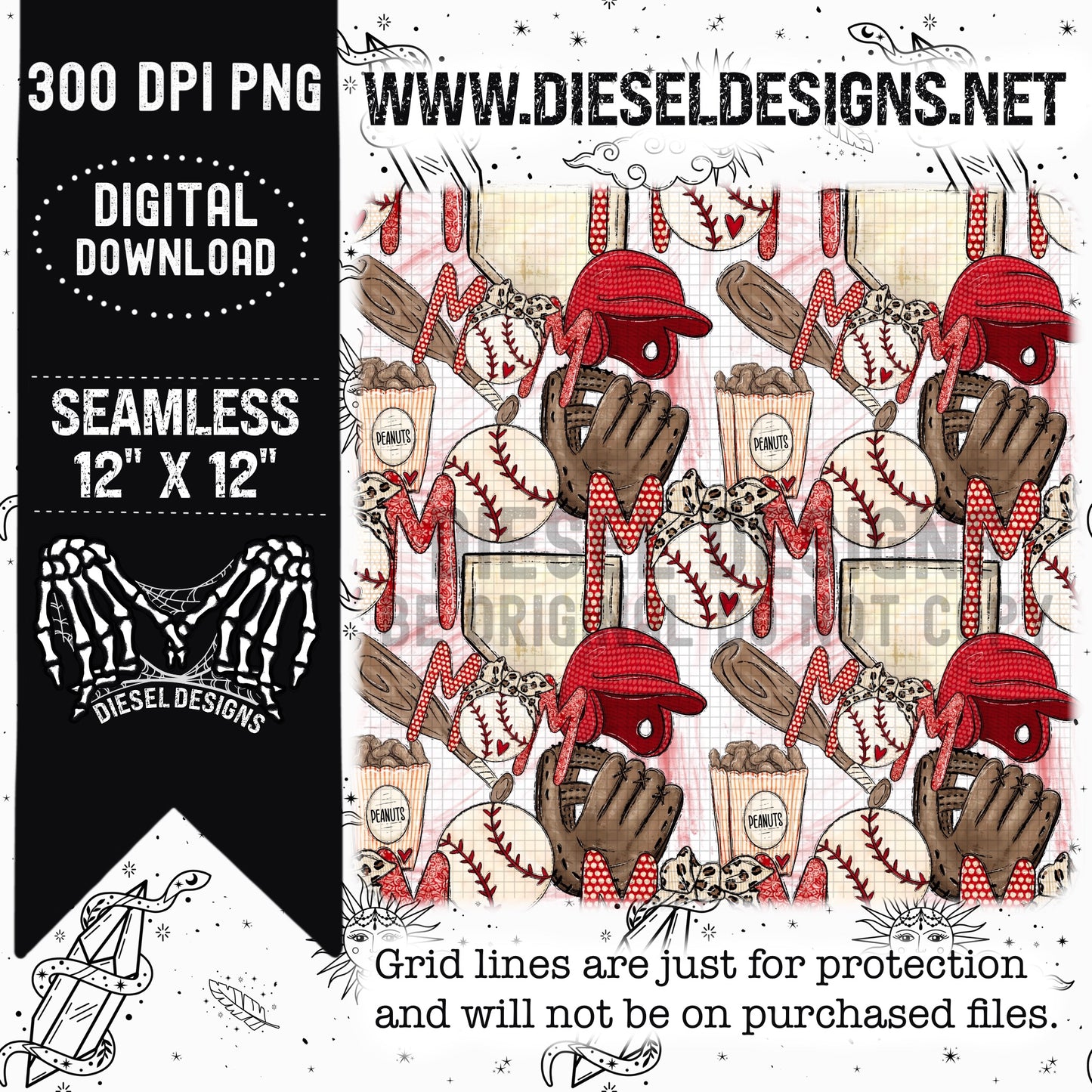 Baseball Mom  | 300 DPI | Seamless 12"x12" | PNG File