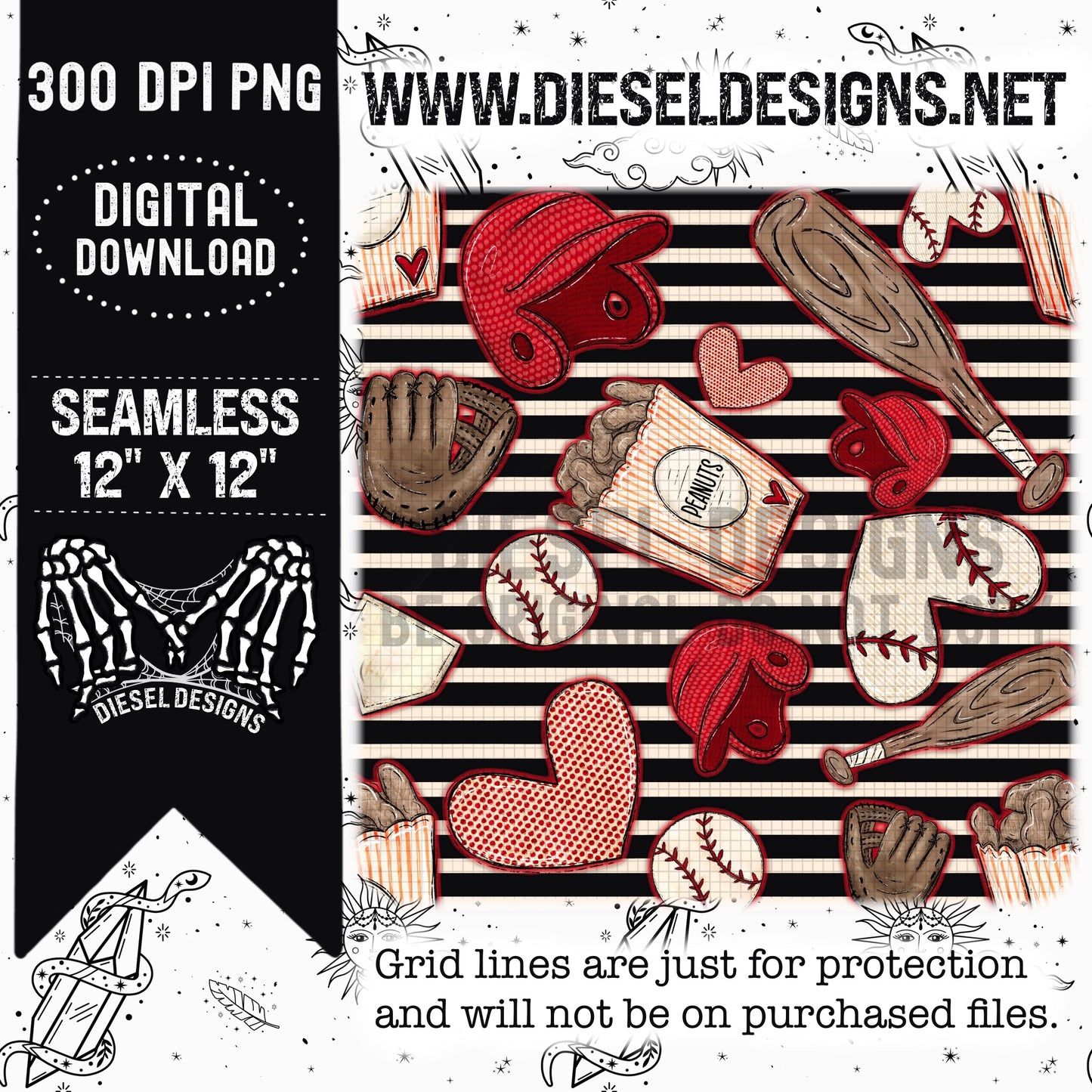 Baseball Red Stripes & Red Outline  | 300 DPI | Seamless 12"x12" | PNG File