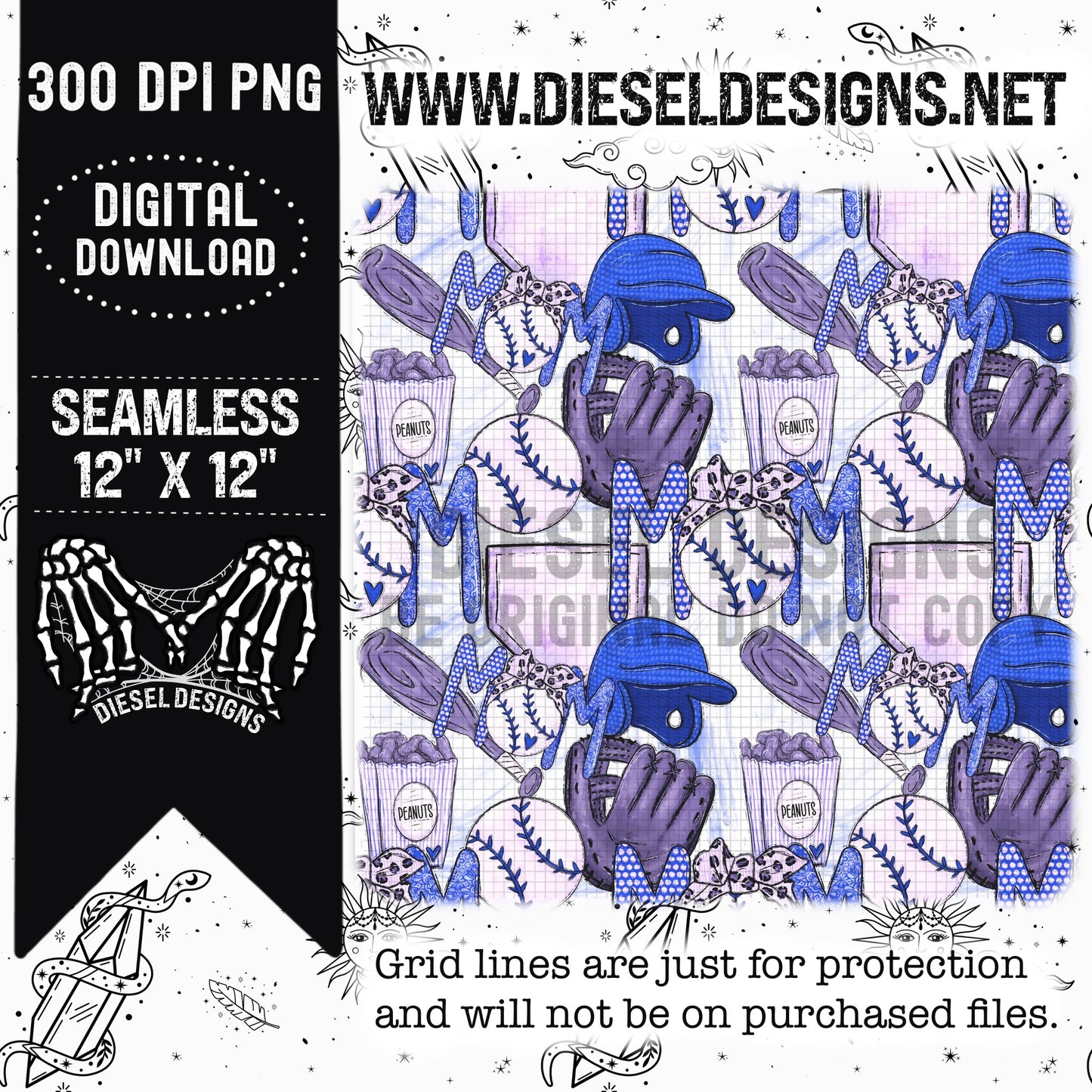 Baseball Blue Mom | 300 DPI | Seamless 12"x12" | PNG File