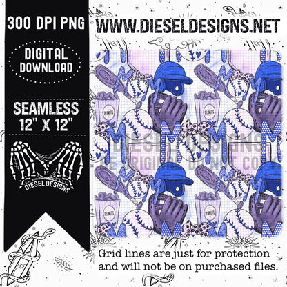 Baseball Blue Mom | 300 DPI | Seamless 12"x12" | PNG File