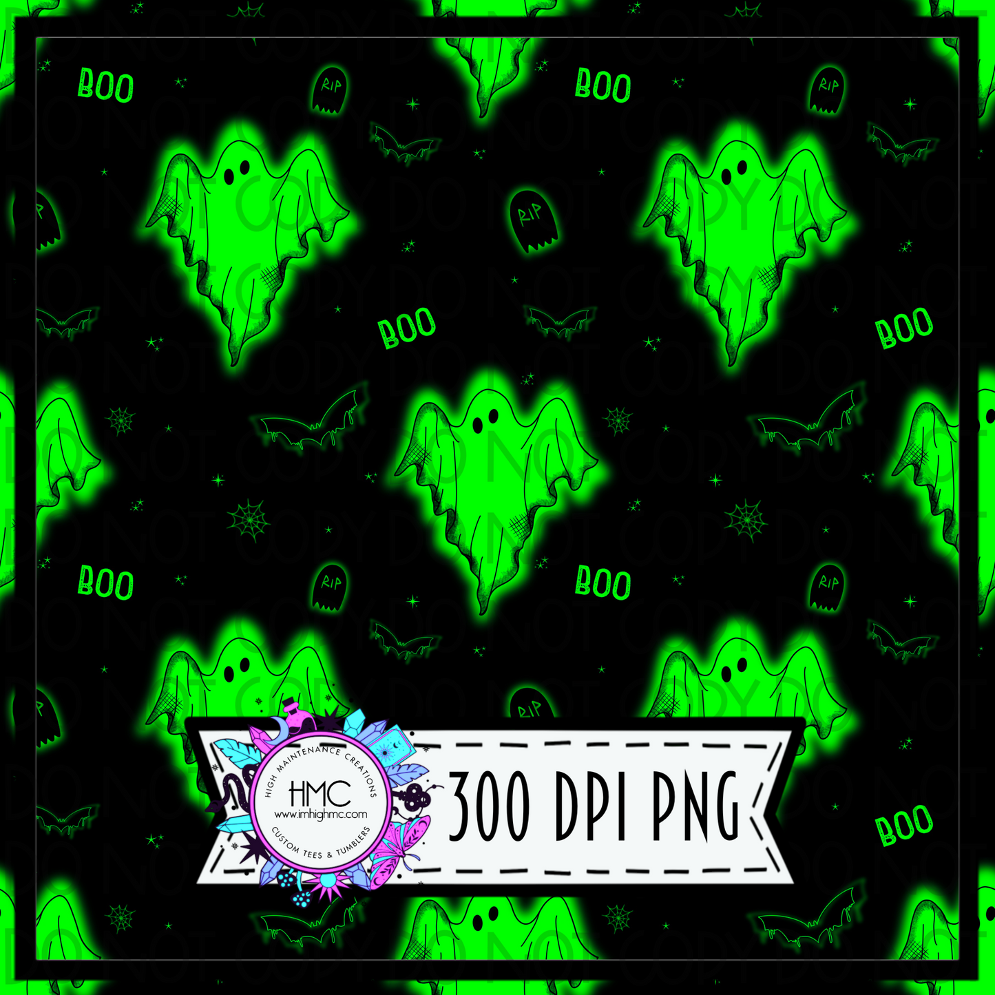 Green glowing ghosts | 300 DPI | Seamless 12"x12" | 2 sizes Included