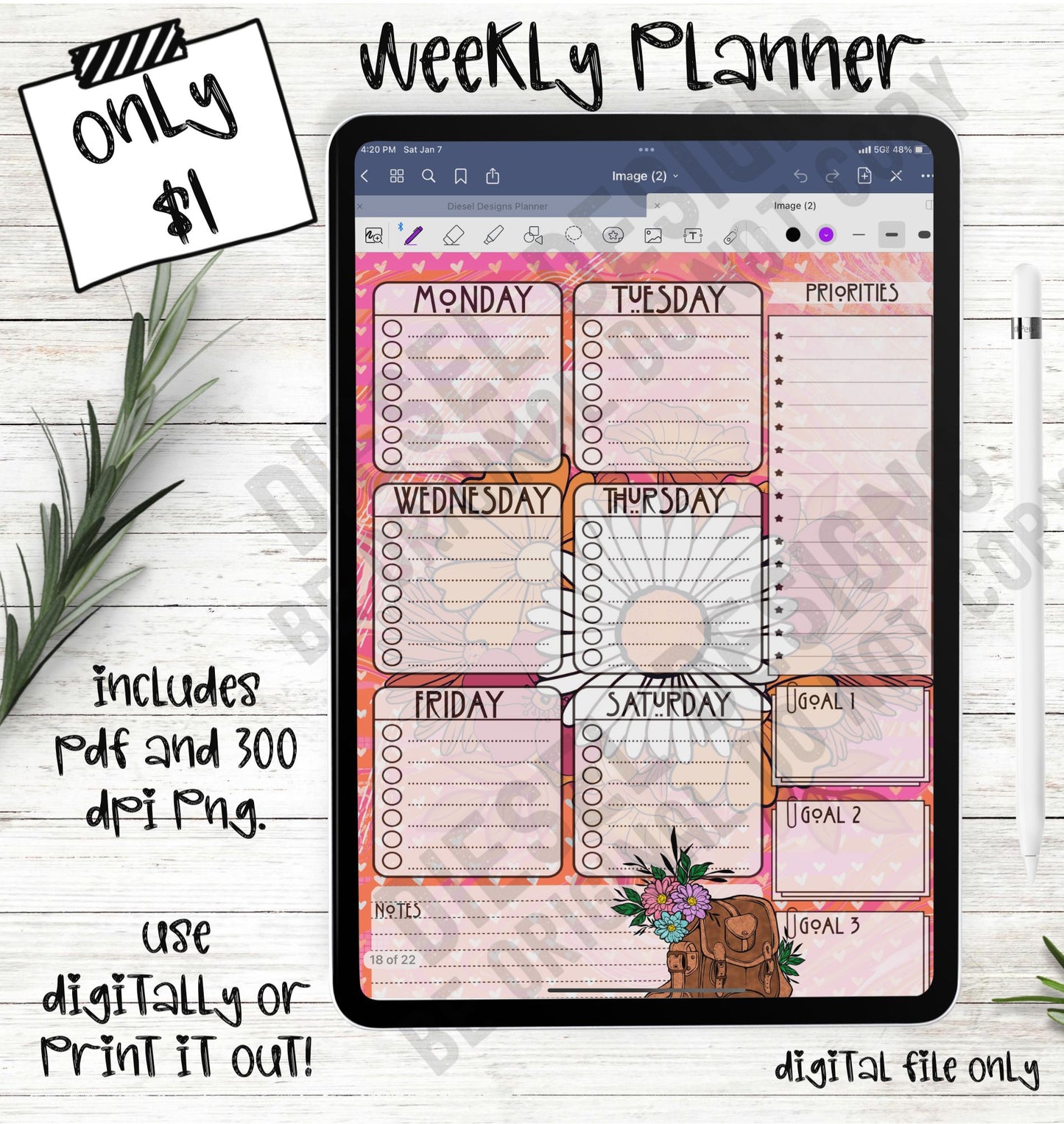 Book Bag | 6-Day Digital Planner | 300 DPI | PNG & PDF included