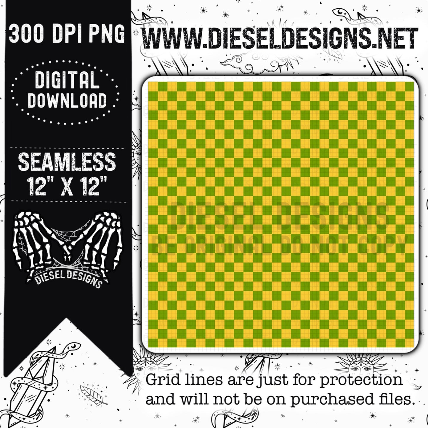 Yellow And Green Checkers Seamless Design | 300 DPI | Seamless 12"x12" | PNG File