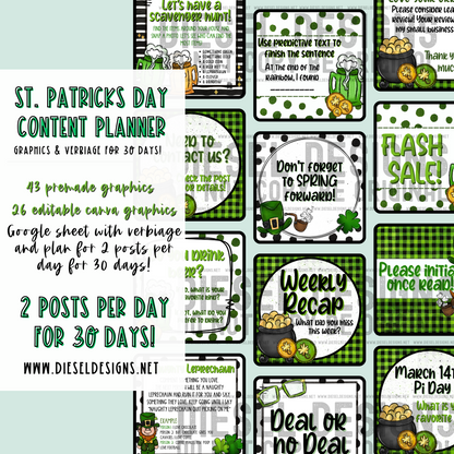 St. Patricks Day | Content Plan | Engagement graphics | Verbiage for 2 posts per 30 days