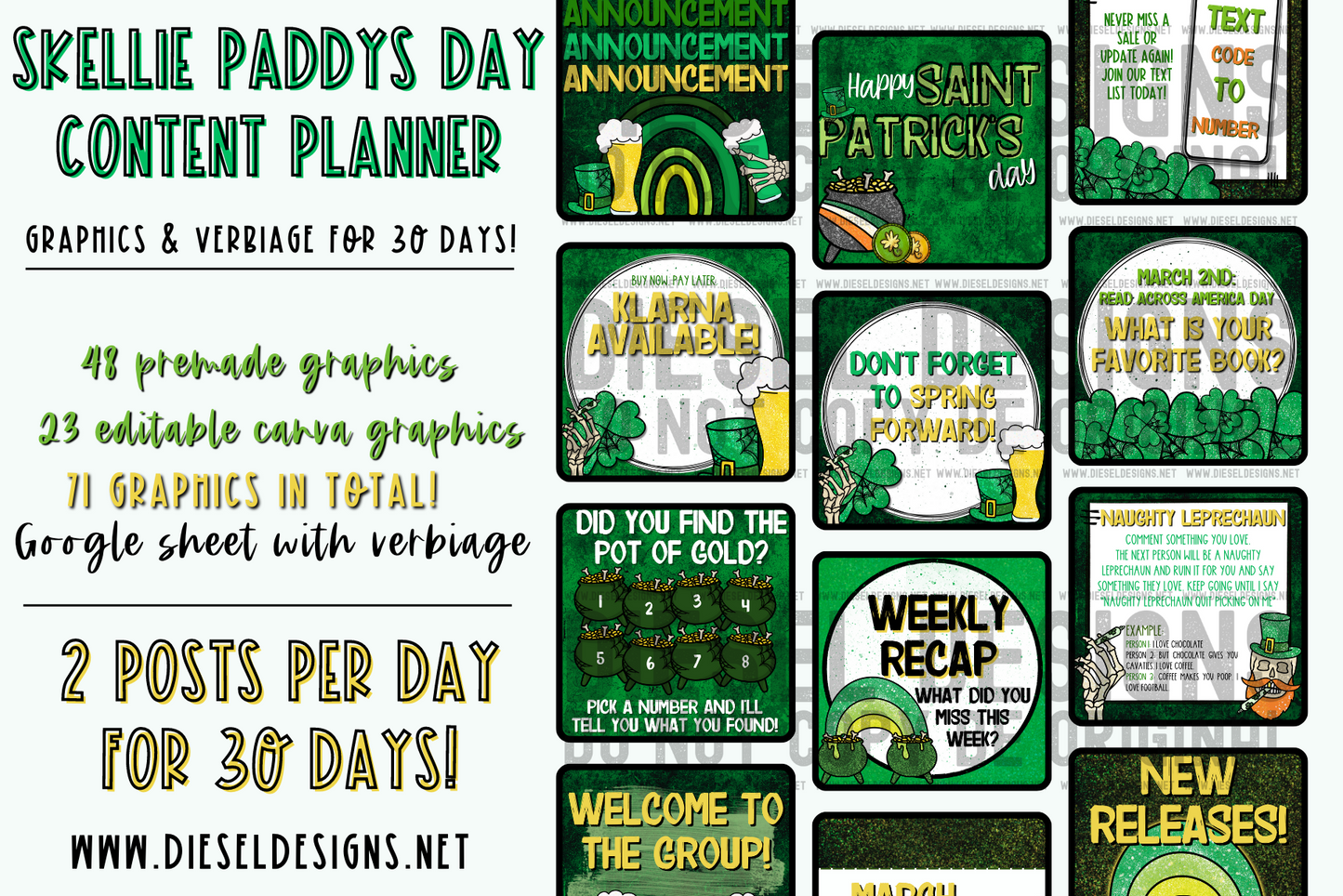 Skellie St Paddys | Content Plan | Engagement graphics | Verbiage for 2 posts per 30 days