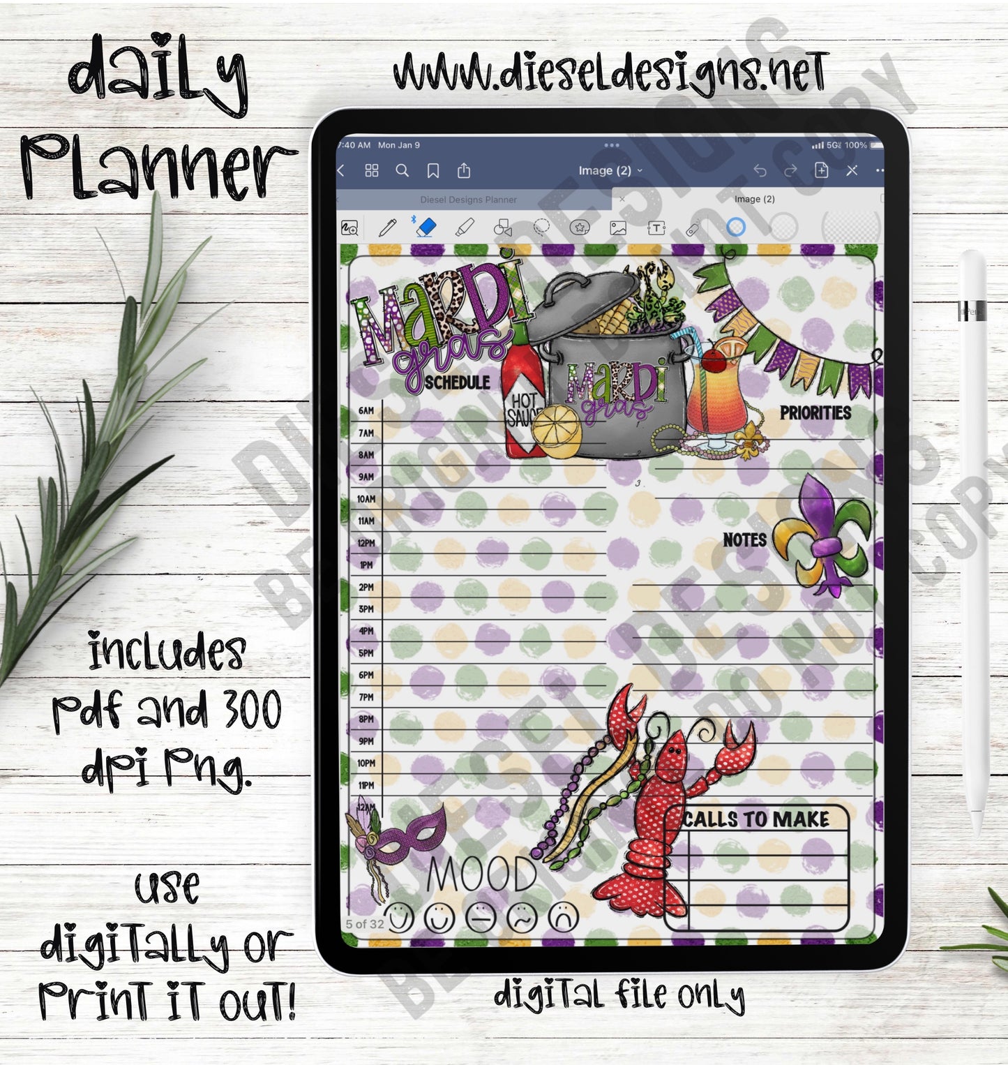 Mardi Gras 1 | Daily Digital Planner | 300 DPI | PNG & PDF included