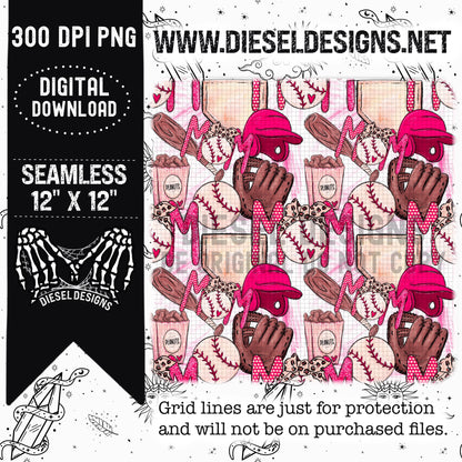 Baseball Pink Mom | 300 DPI | Seamless 12"x12" | PNG File