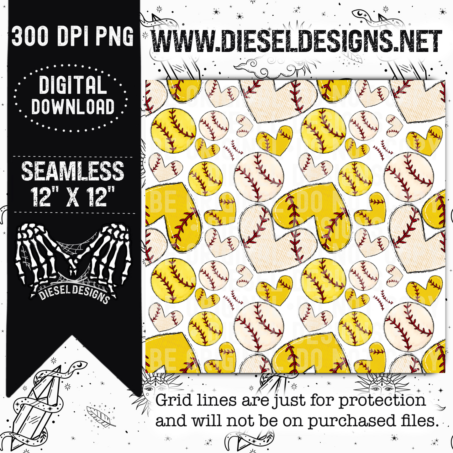 Softball Baseball Hearts Seamless  | 300 DPI | 12" x 12" | Seamless File