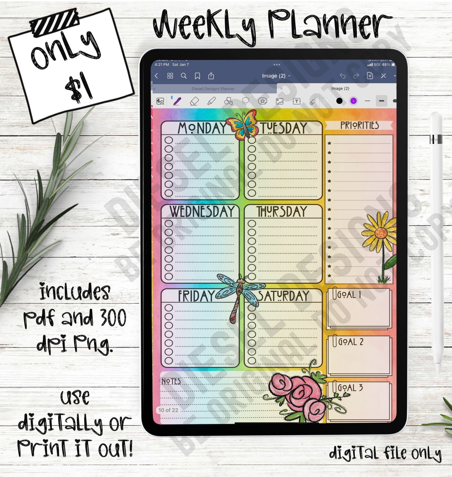 Spring Light | 6-Day Digital Planner | 300 DPI | PNG & PDF included