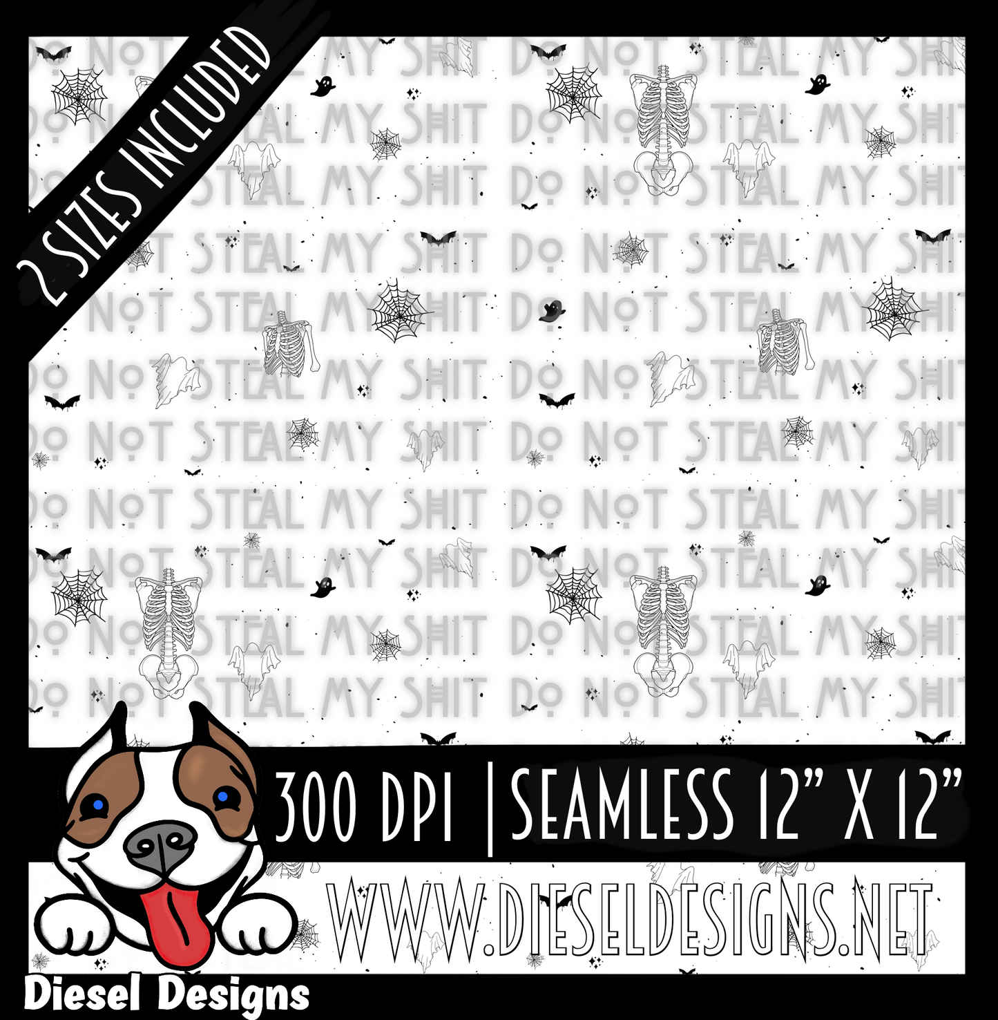 Black and White Skellie Halloween Seamless Designs | 300 DPI | Seamless 12"x12" | 2 sizes Included