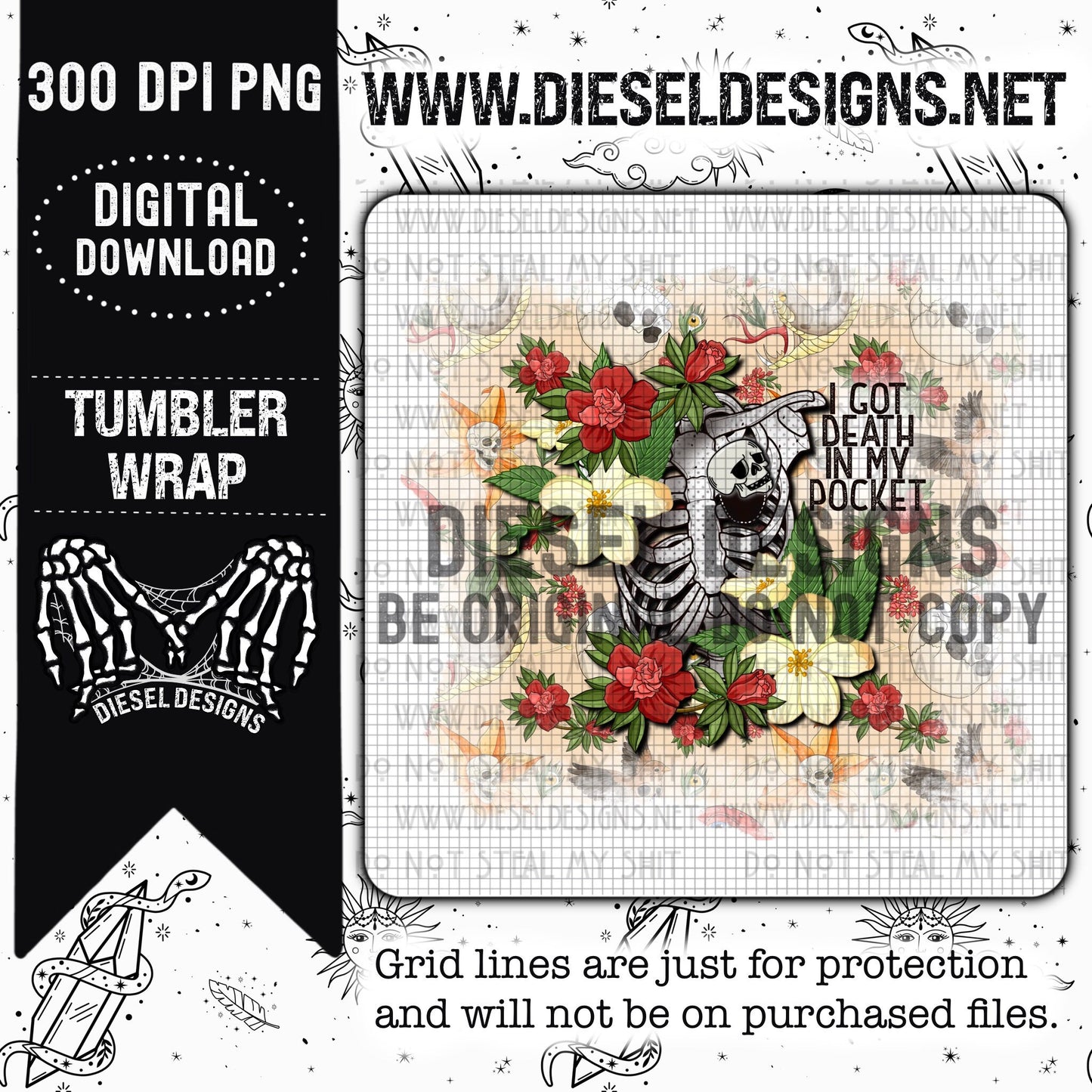 Death In My Pocket Tumbler Wrap | 300 DPI | 20 oz Skinny Tumbler Wrap | PNG